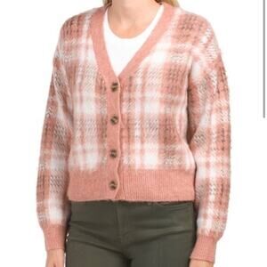 CUPCAKES AND CASHMERE Fuzzy Plaid Cardigan Sweater Pink Large L